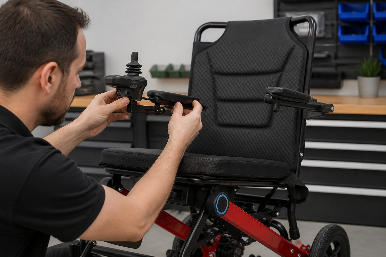 Technician checking an electric wheelchair joystick controller mount