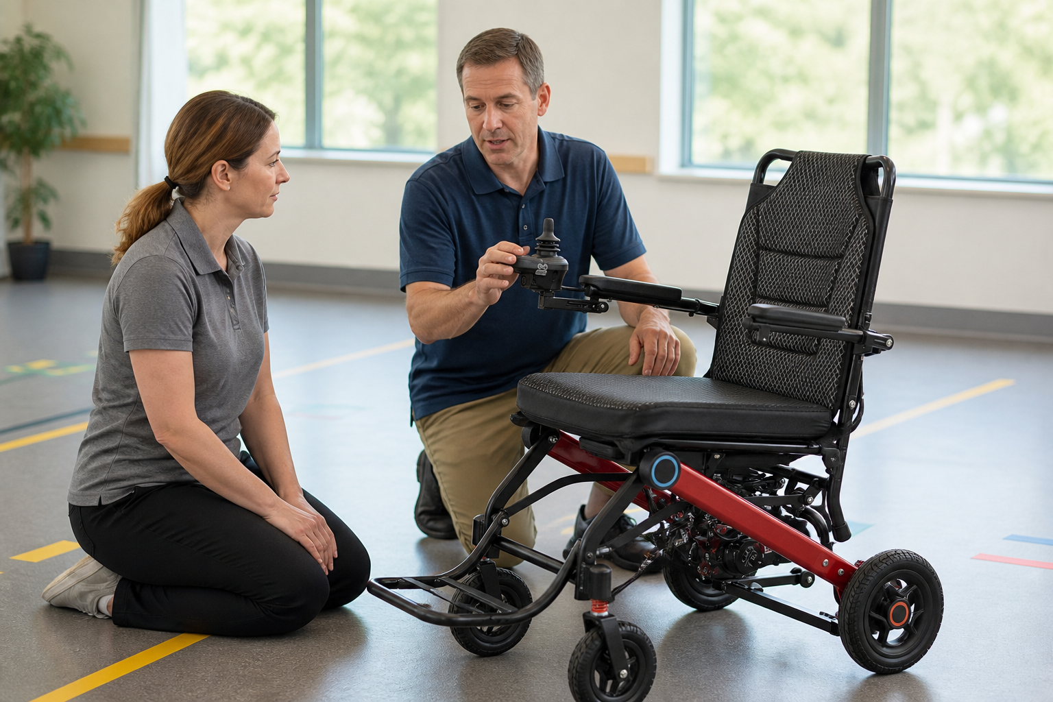 Trainer demonstrating an electric wheelchair joystick during staff practice