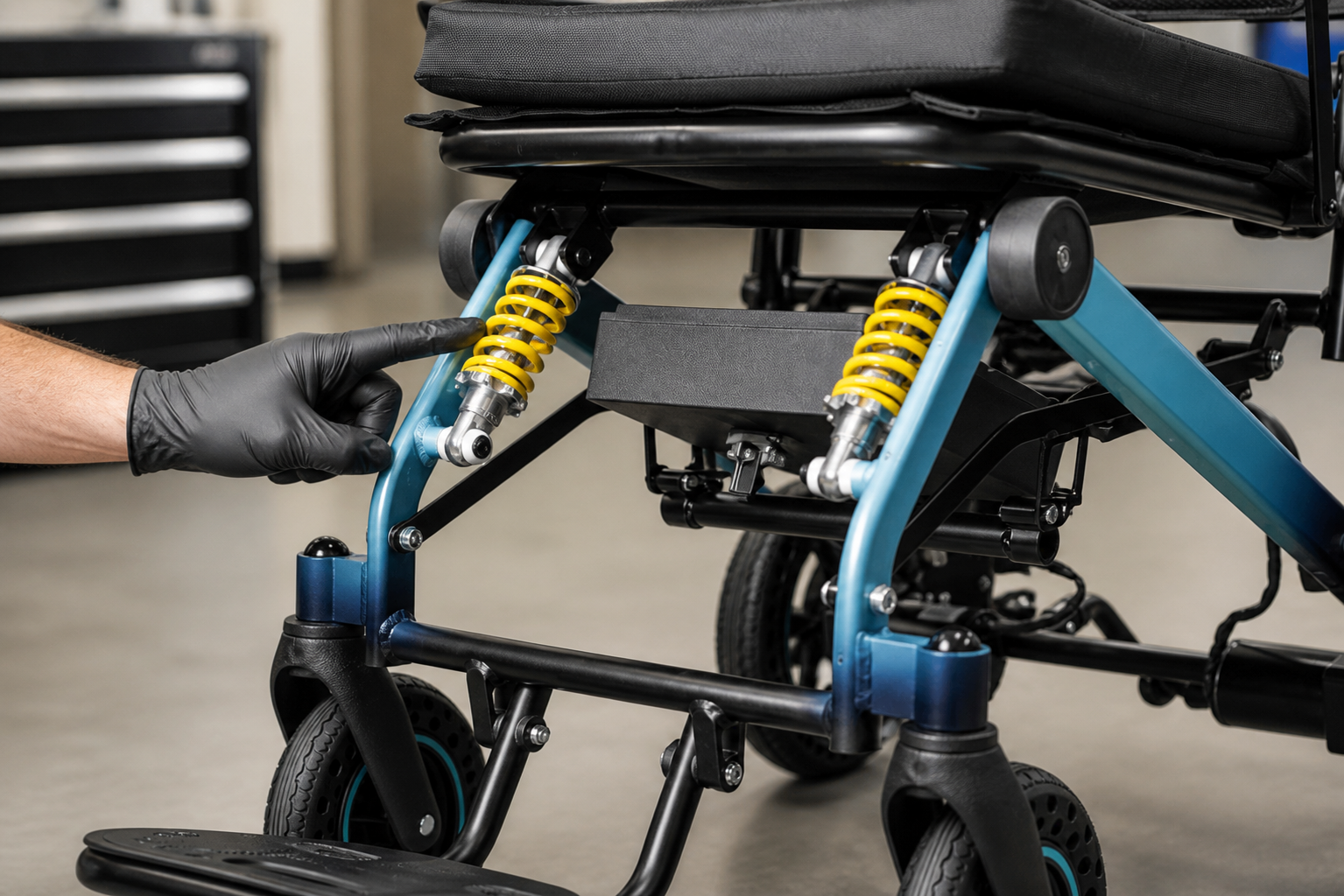 Technician pointing toward yellow suspension springs on an electric wheelchair