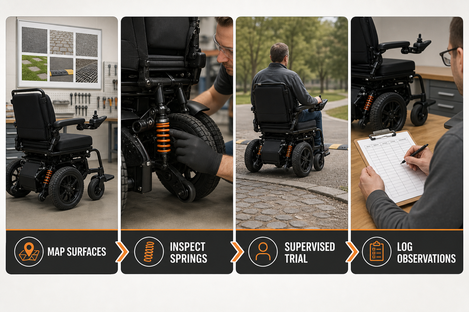Electric wheelchair suspension evaluation workflow from surfaces to observation log
