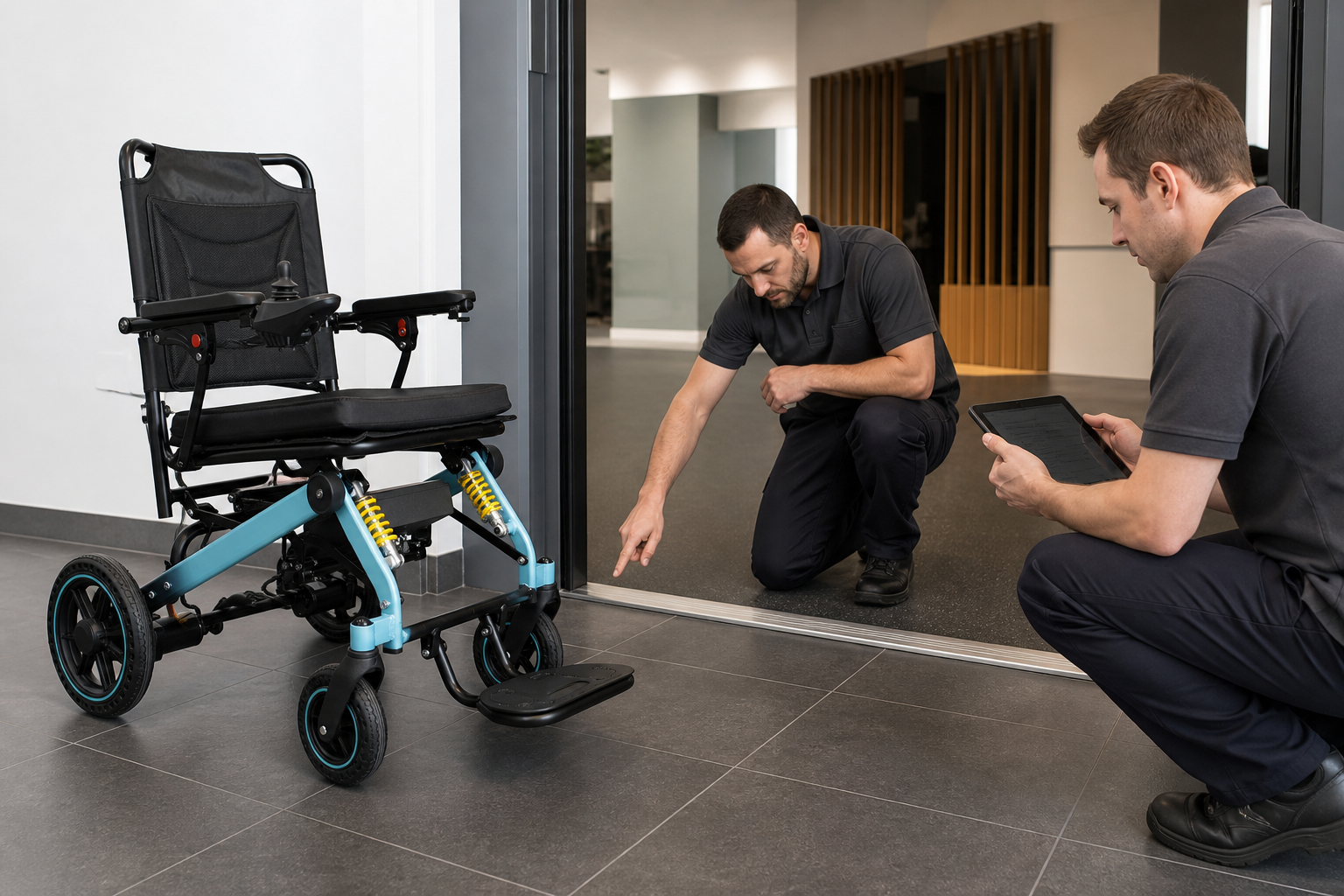 Facility staff mapping a doorway threshold for an electric wheelchair suspension review