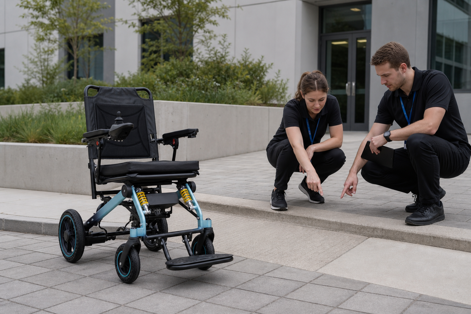 Staff observing paved surfaces beside an electric wheelchair with visible suspension