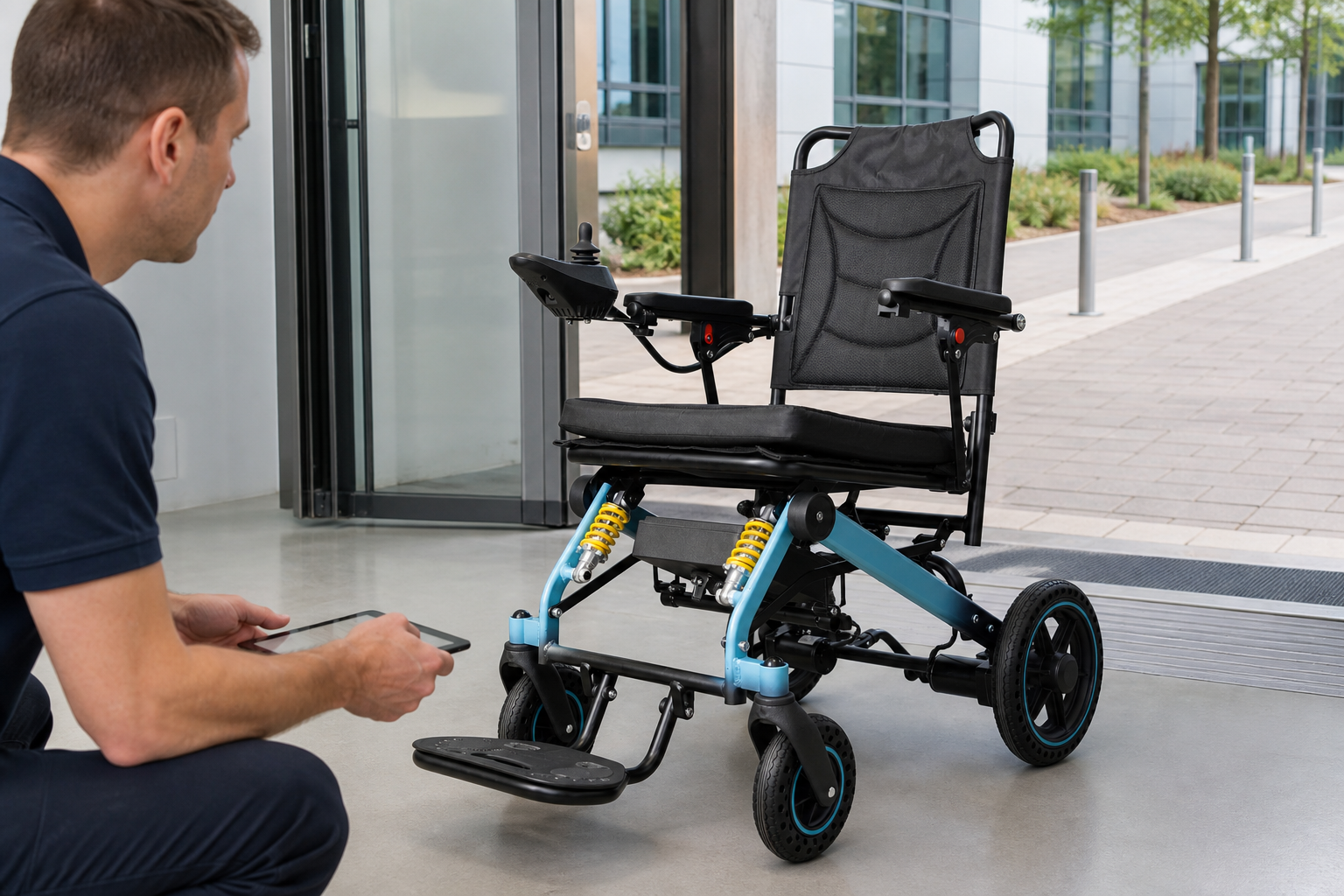 Product team reviewing an electric wheelchair with visible suspension near a facility entrance