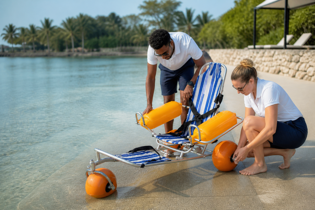 Two resort staff inspecting a floating beach wheelchair beside calm shallow water
