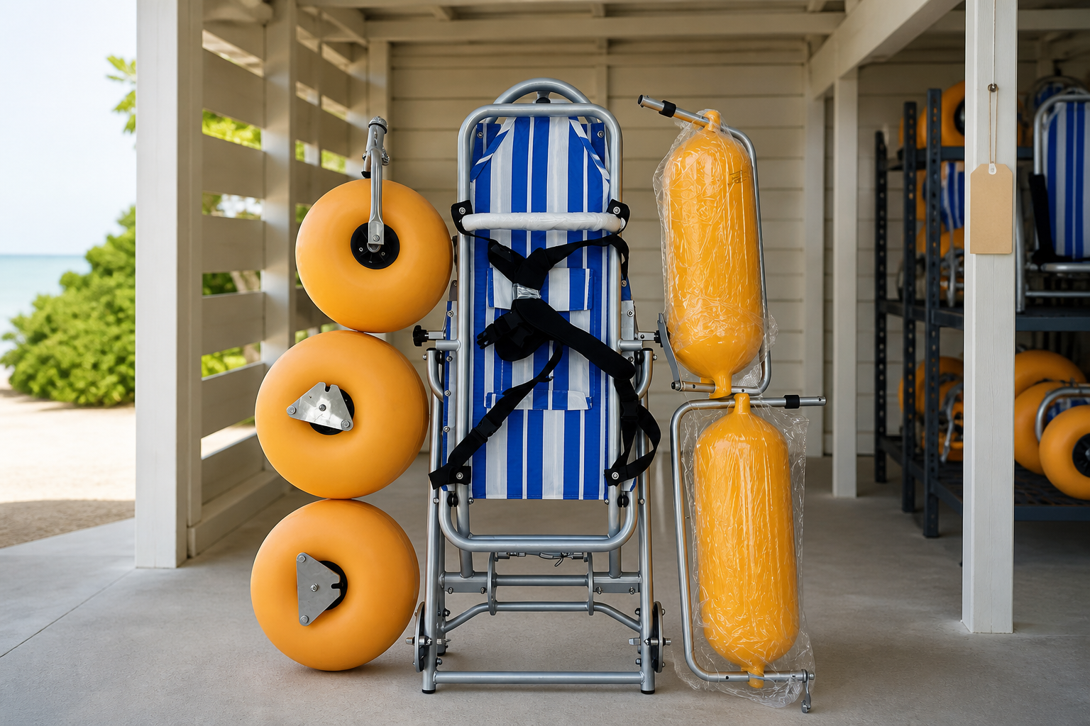 Floating beach wheelchair components drying in a ventilated resort equipment bay