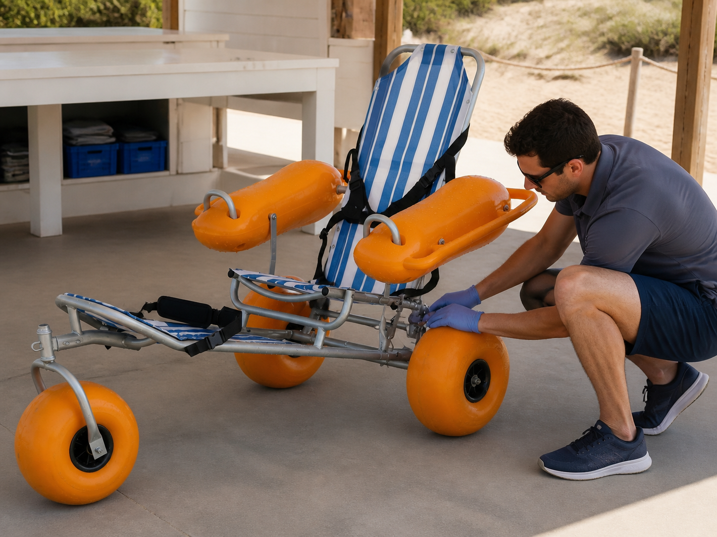 Staff member reviewing the frame floats seat and wheels of a floating beach wheelchair