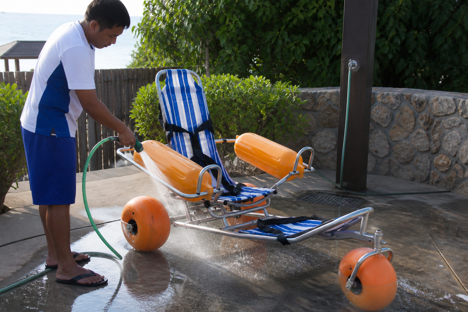 Staff rinsing a floating beach wheelchair on a resort care pad