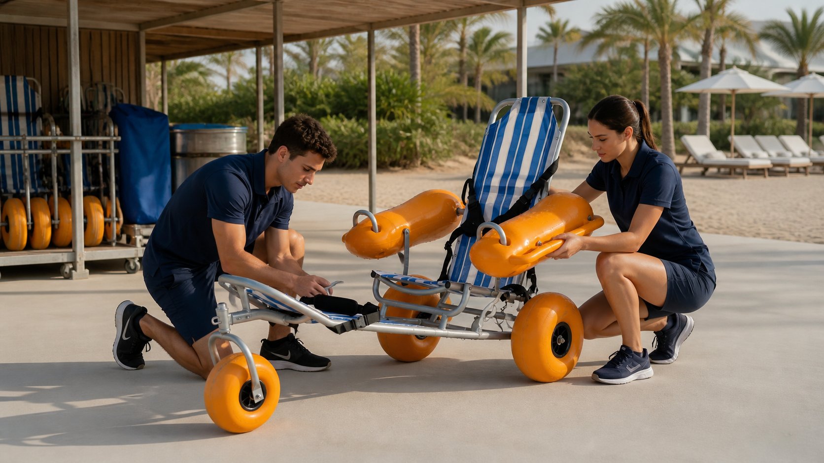 Resort staff performing a floating beach wheelchair opening inspection on dry ground
