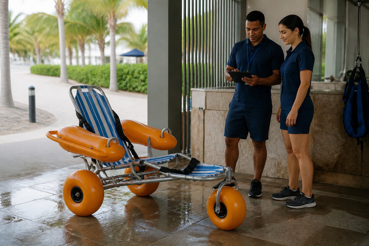Staff recording a floating beach wheelchair return check beside a rinse and drying area
