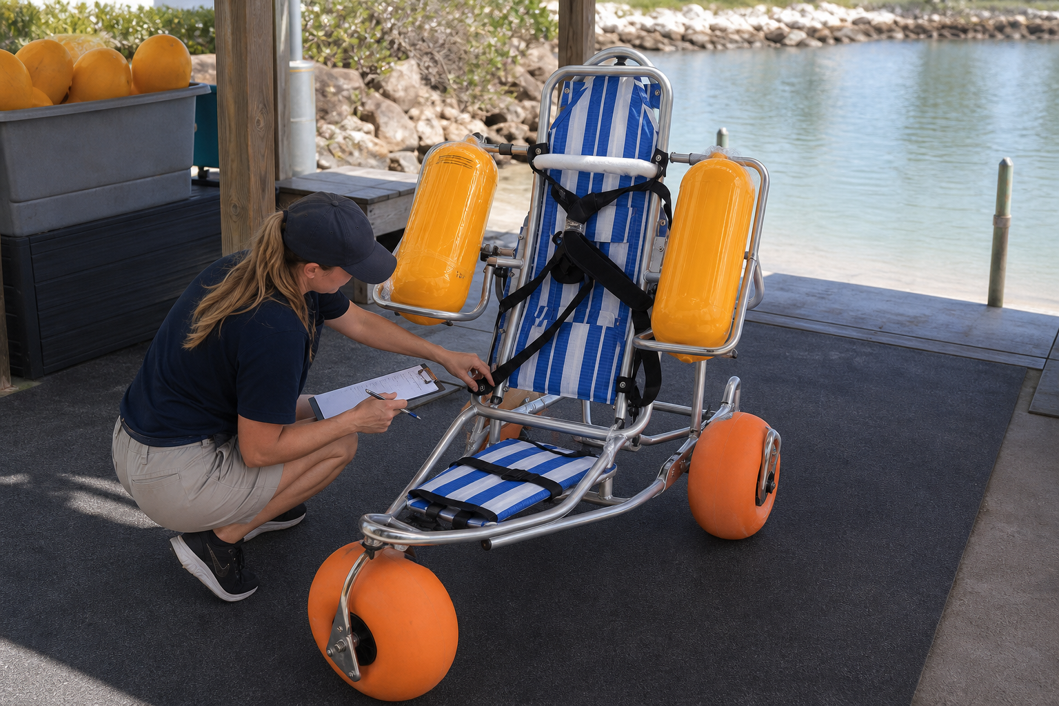 Resort staff checking a floating beach wheelchair on firm ground