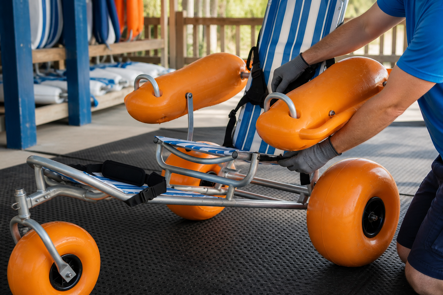 Staff inspecting a floating beach wheelchair before a guest handoff
