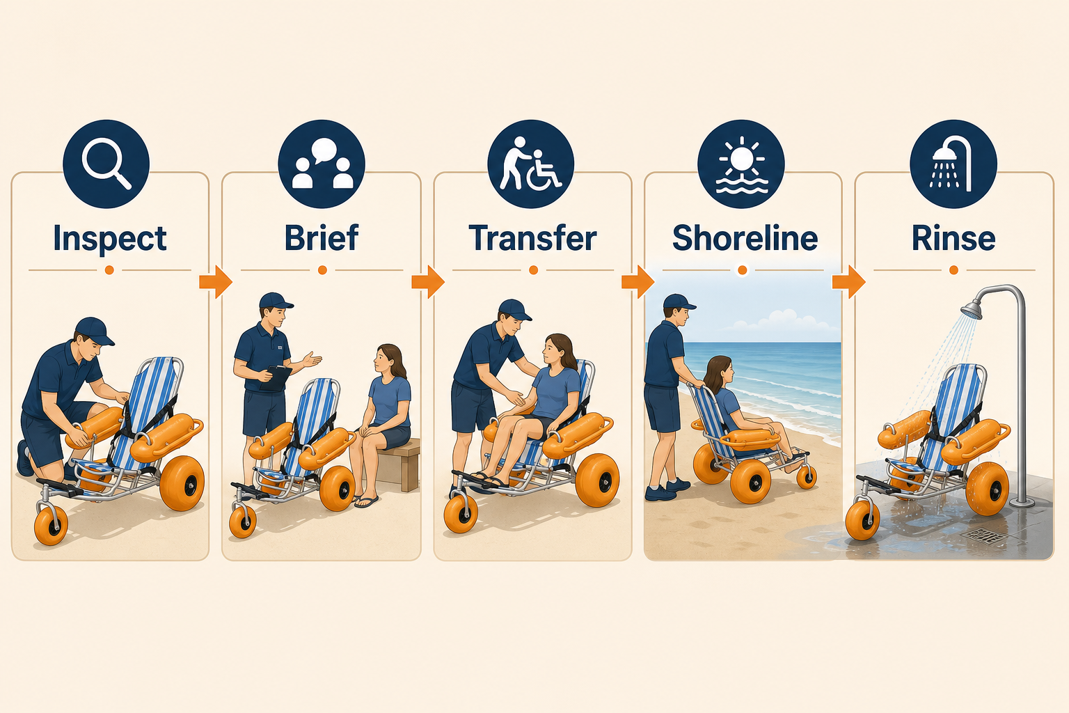 Five-stage floating beach wheelchair staff workflow