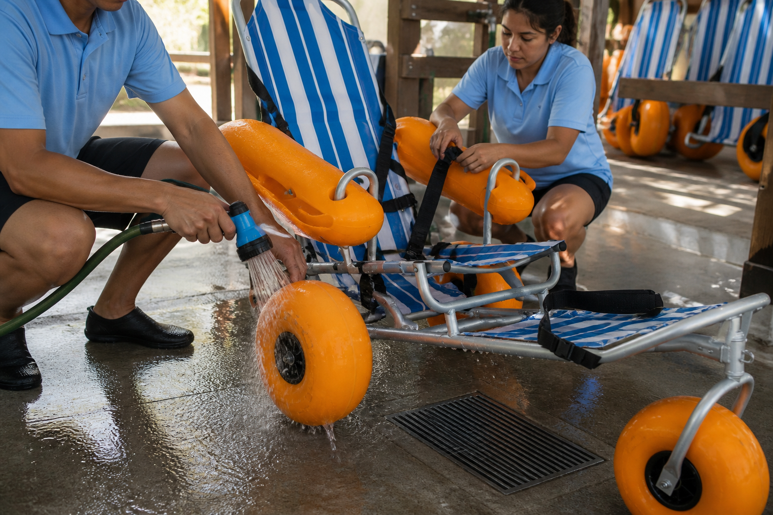 Staff rinsing a floating beach wheelchair after shoreline use