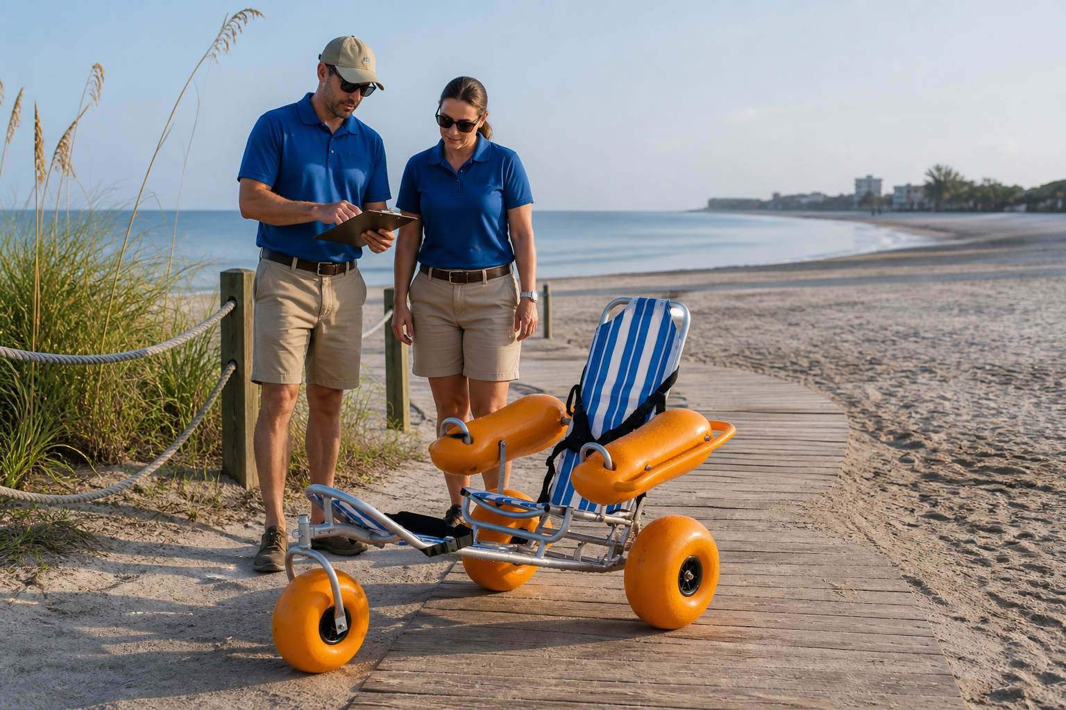 Coastal operations team walking a floating beach wheelchair route before guest service