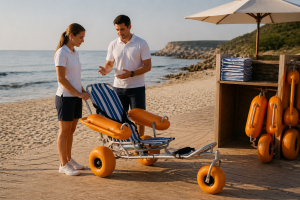 Two resort employees reviewing a floating beach wheelchair