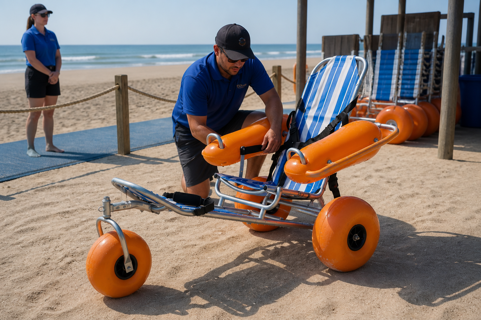 Floating beach wheelchair positioned in a clearly marked shoreline staging zone with staff space