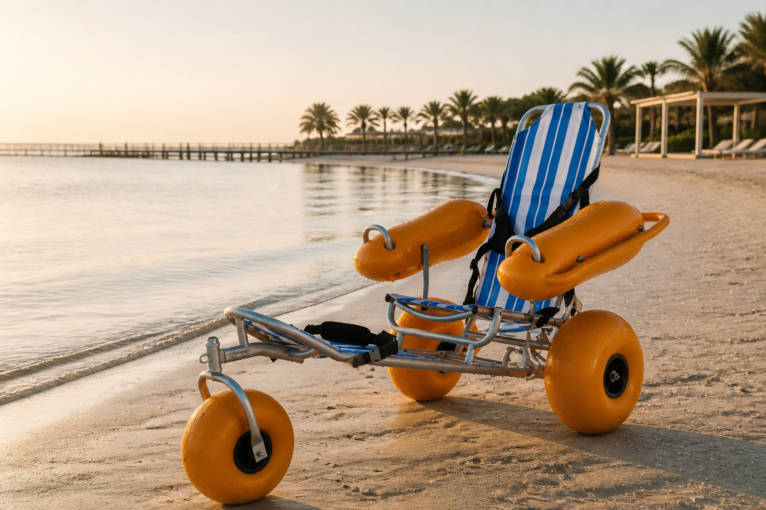 Floating beach wheelchair staged for a guided shoreline water-entry route review