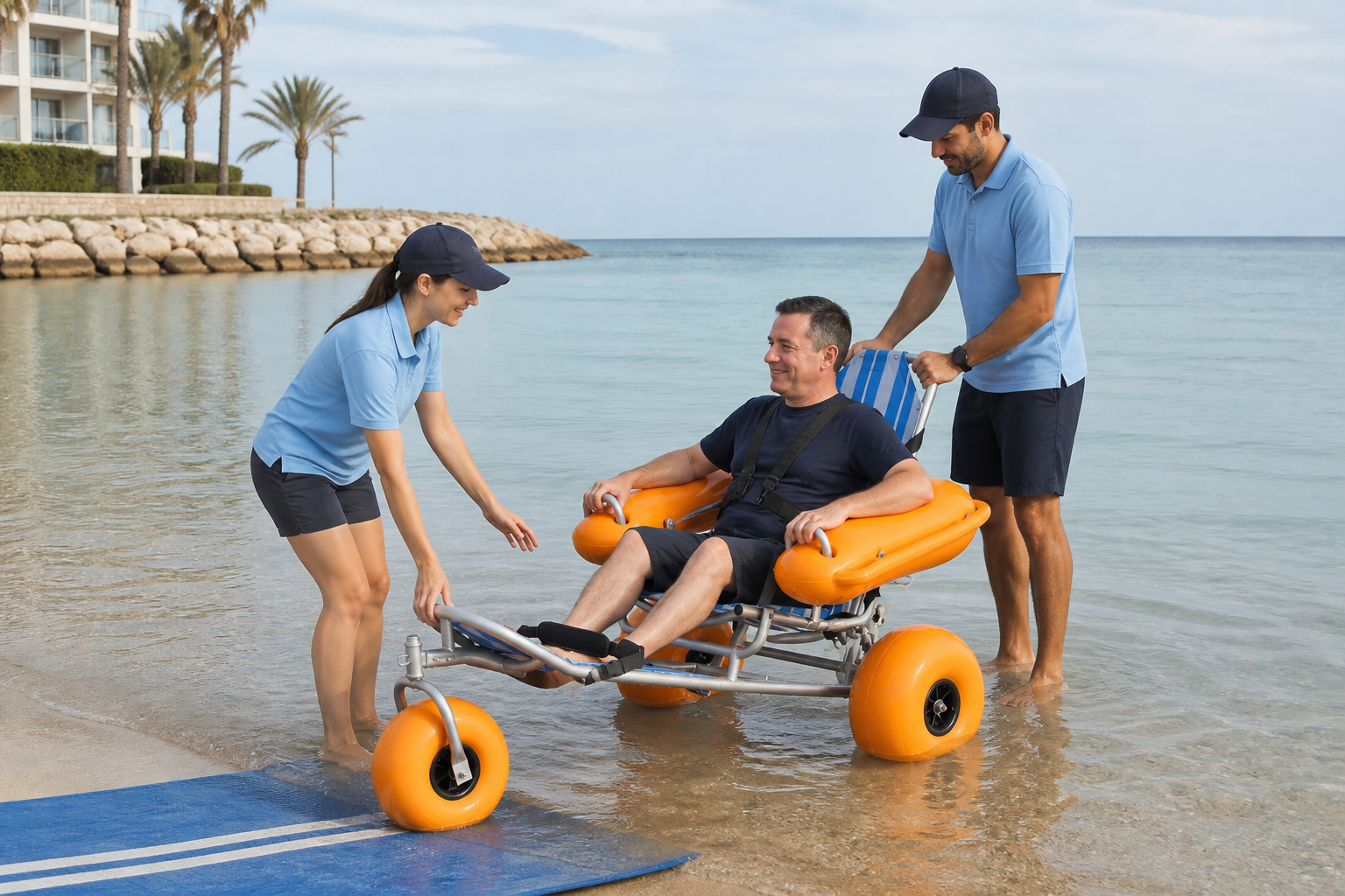 Resort staff guiding a floating beach wheelchair at calm water entry