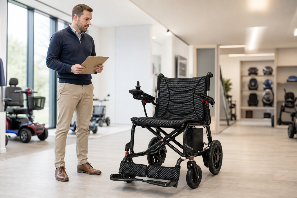 Procurement specialist reviewing a foldable power wheelchair in a showroom