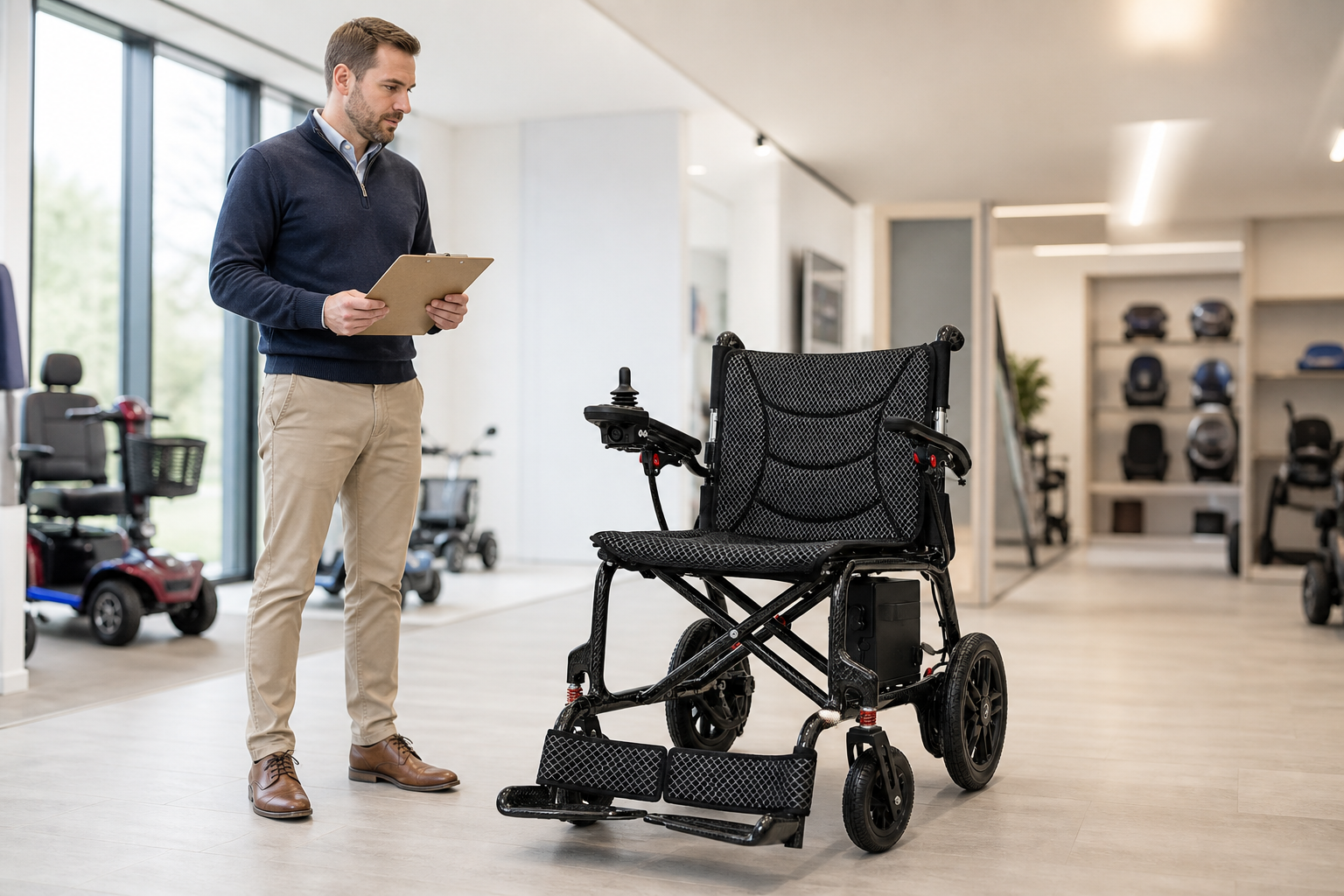 Procurement specialist reviewing a foldable power wheelchair in a showroom