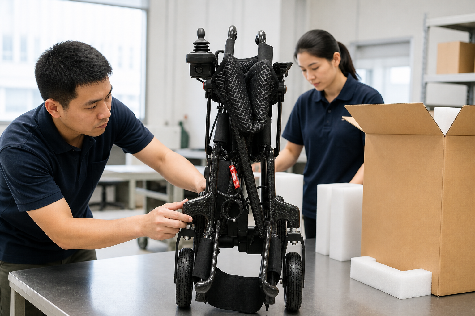 Logistics staff reviewing a folded foldable power wheelchair before packing