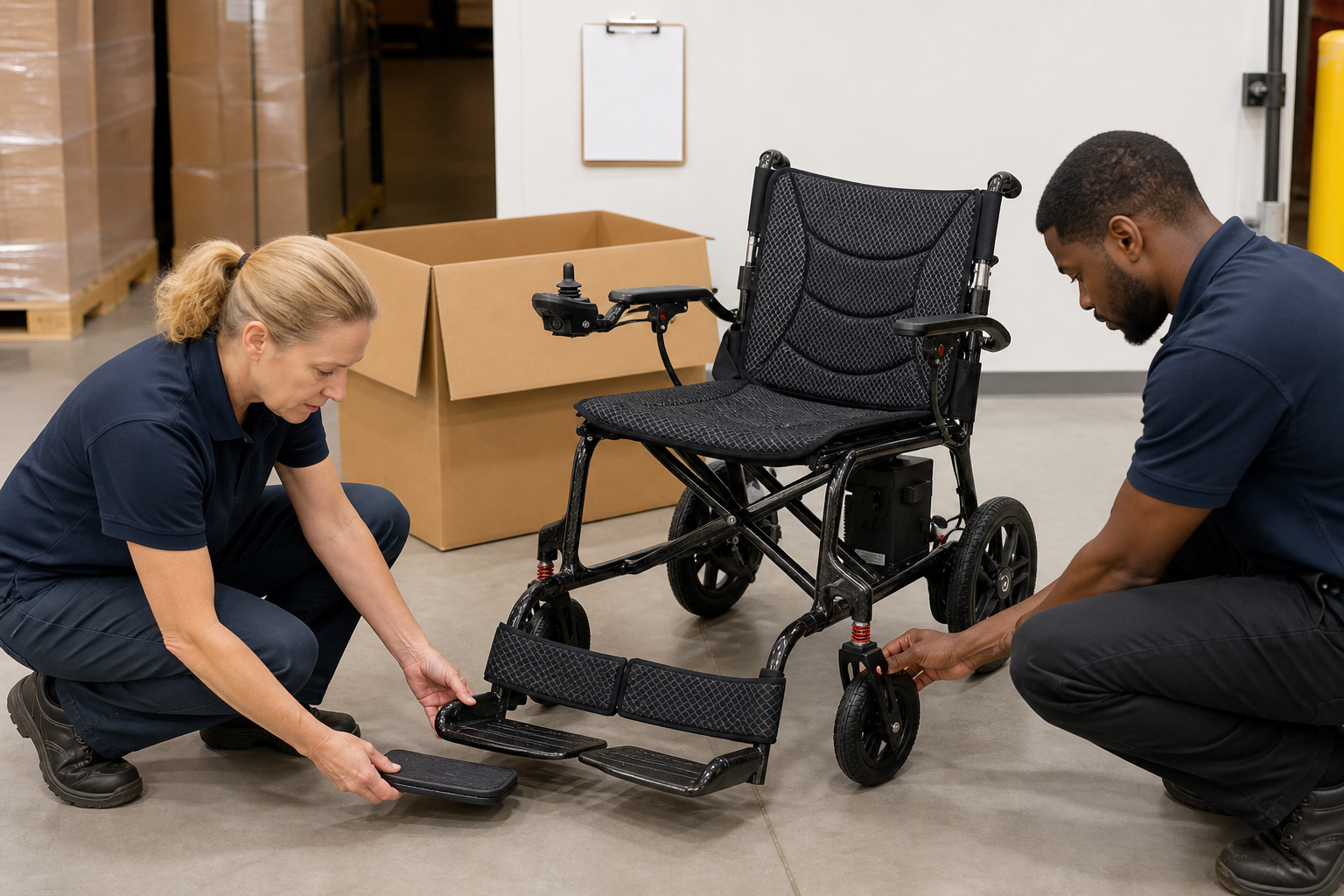 Receiving staff checking foot supports and casters on a foldable power wheelchair