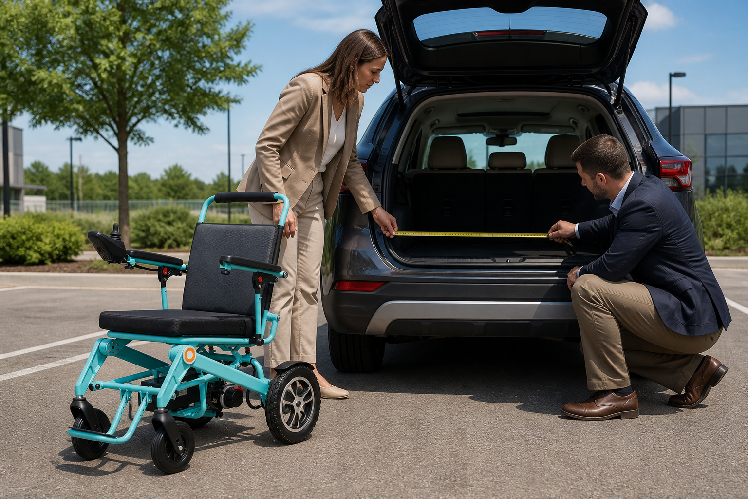 Buyers measuring vehicle cargo space beside a folding electric wheelchair