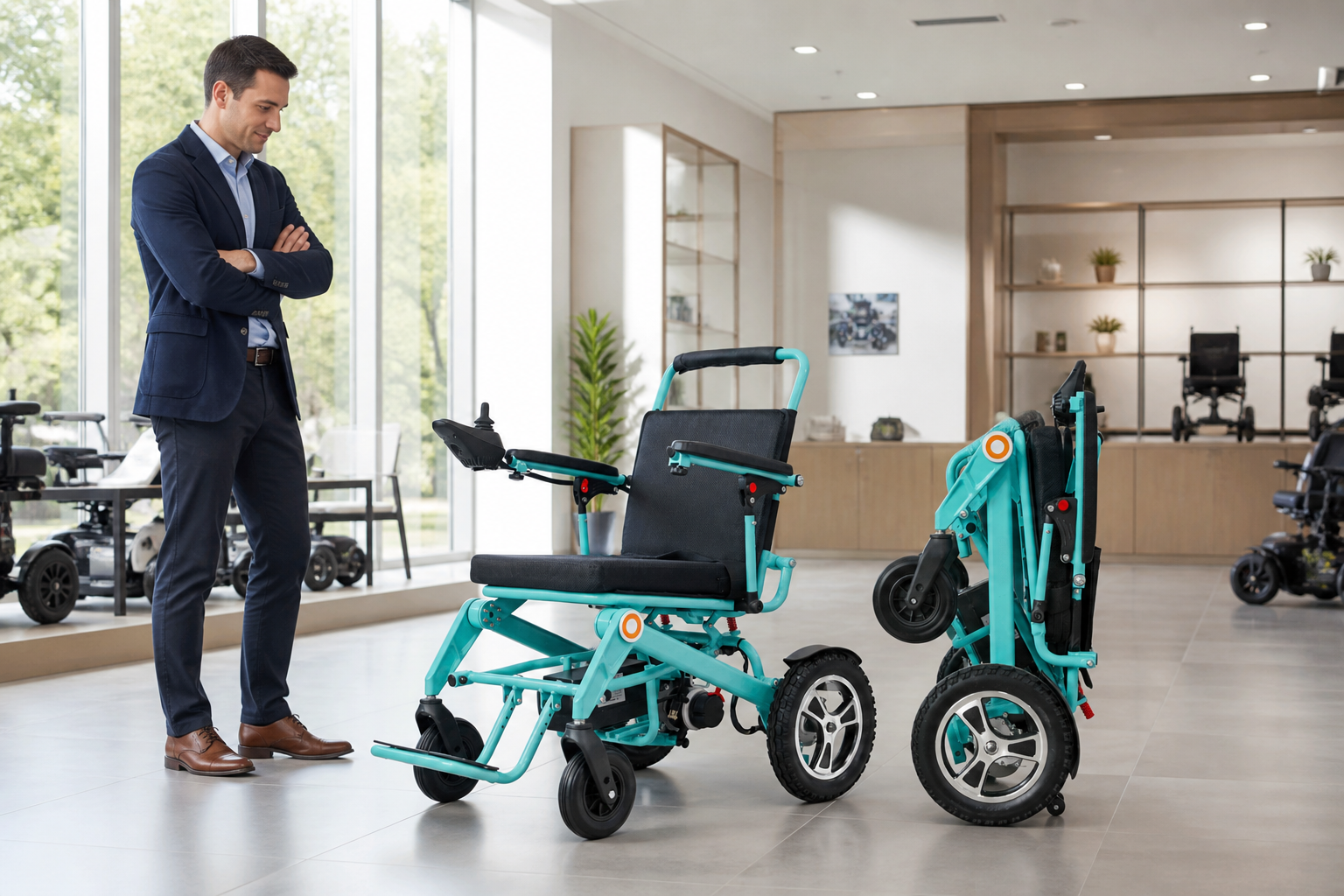 Open and folded teal electric wheelchairs in a mobility showroom
