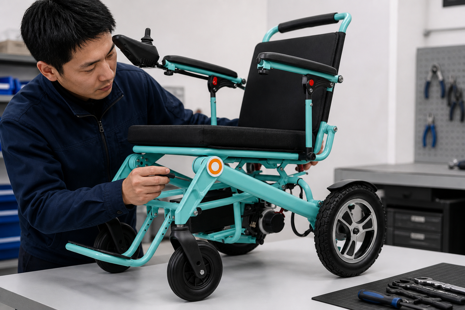 Engineer inspecting the folding joint of a teal electric wheelchair