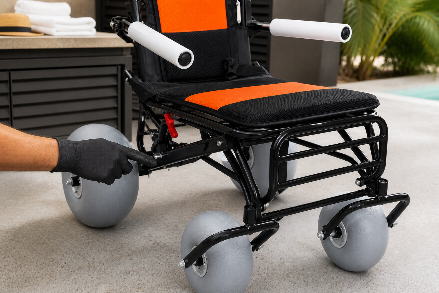Lightweight beach wheelchair frame and wheel inspection