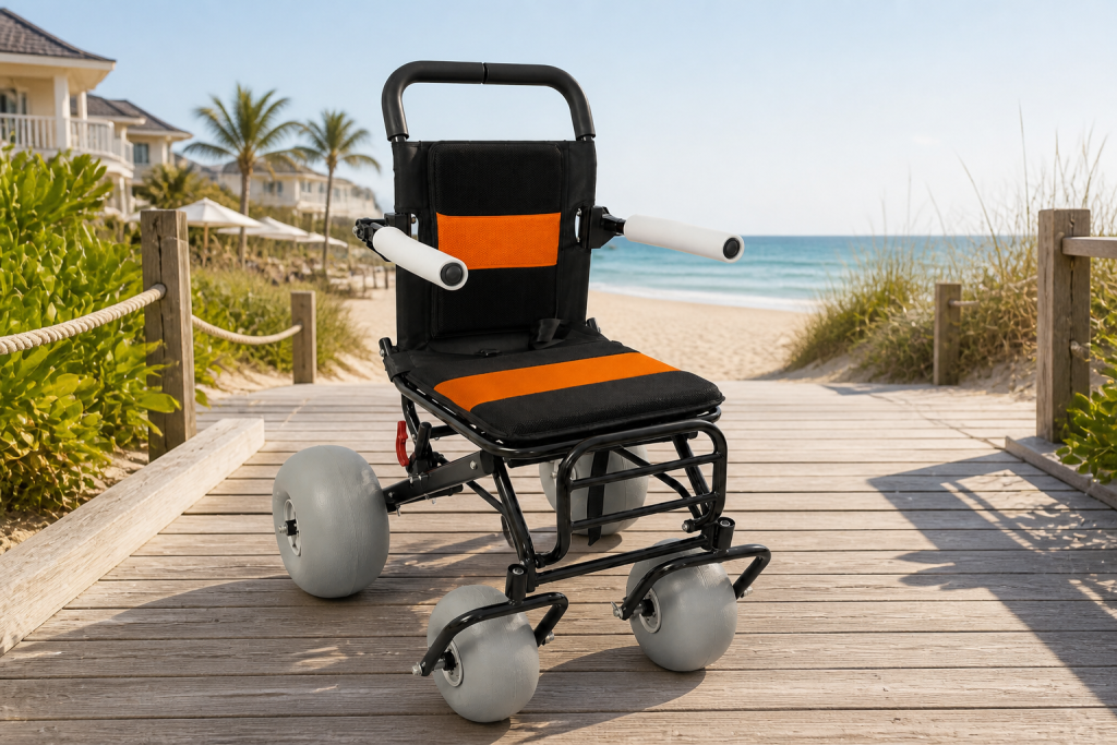 Lightweight beach wheelchair at a resort boardwalk entrance