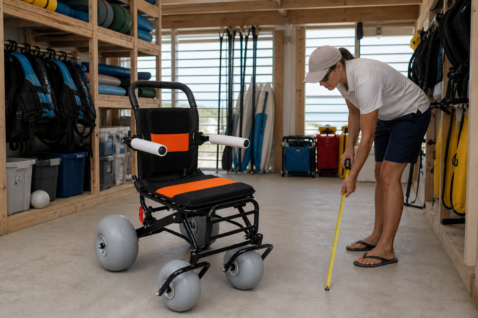 Lightweight beach wheelchair in a resort storage bay