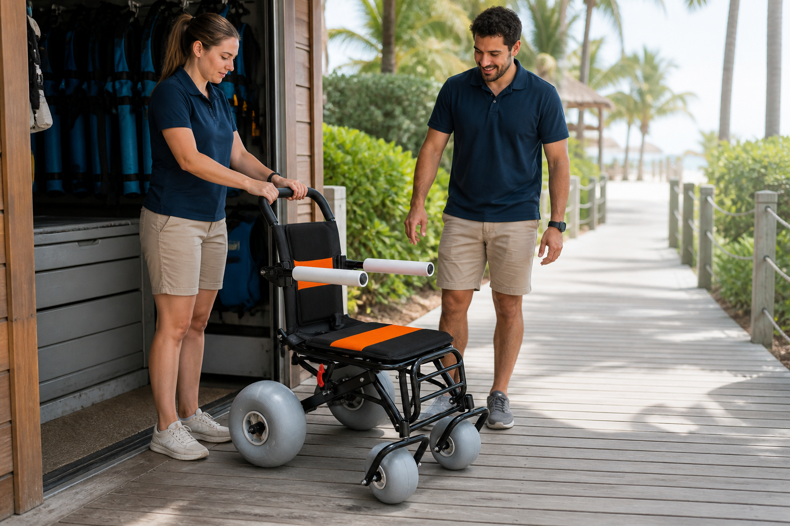 Resort staff moving a lightweight beach wheelchair