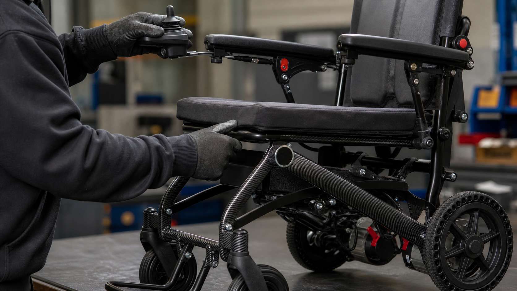 Technician checking a power wheelchair joystick mount and frame