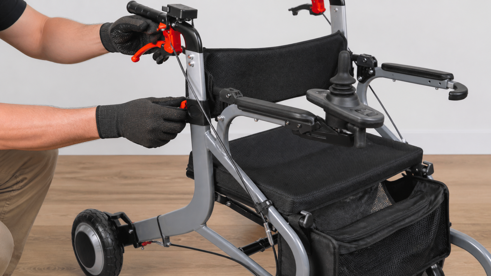 Hands checking powered walker brakes controls and cables