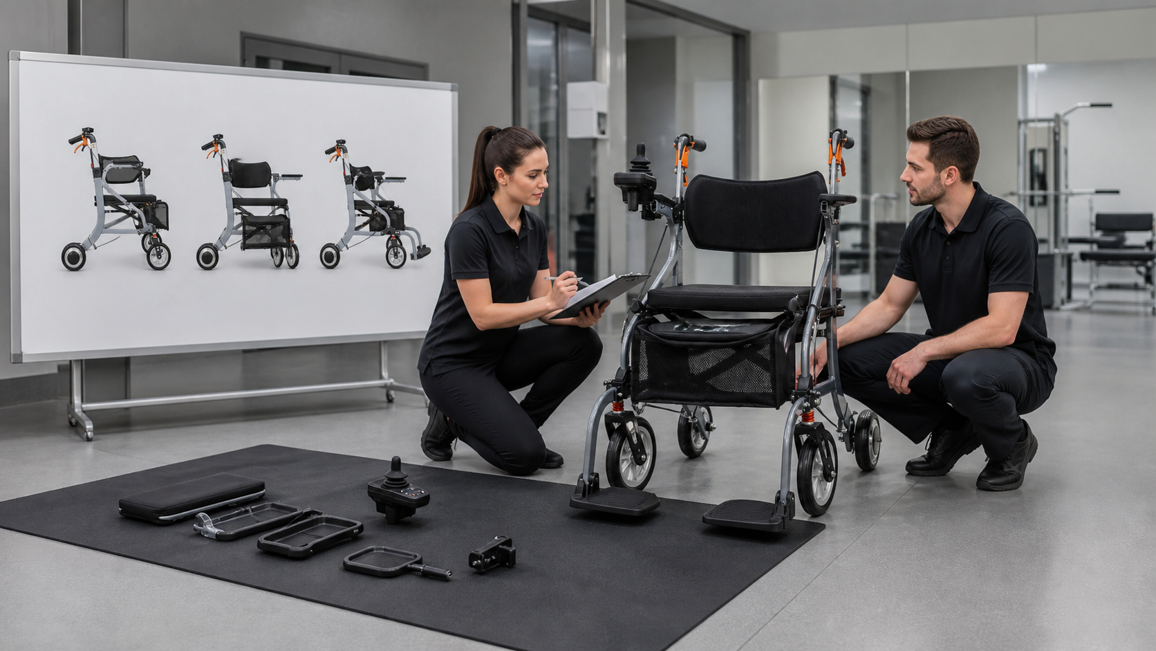 Staff reviewing powered walker mode changes in a training bay