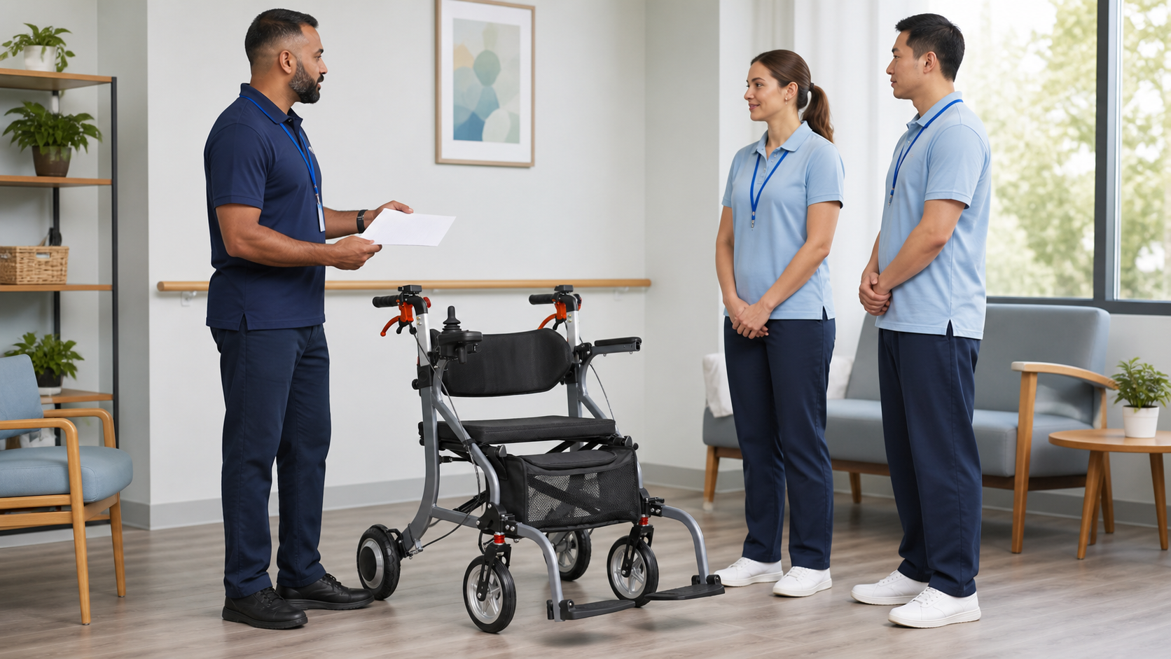 Trainer presenting a powered walker to institutional staff