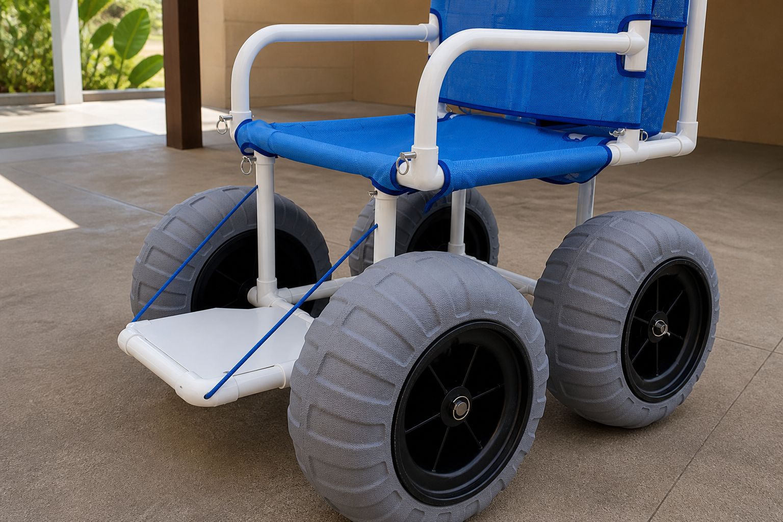 PVC beach wheelchair frame seat wheel and footrest detail