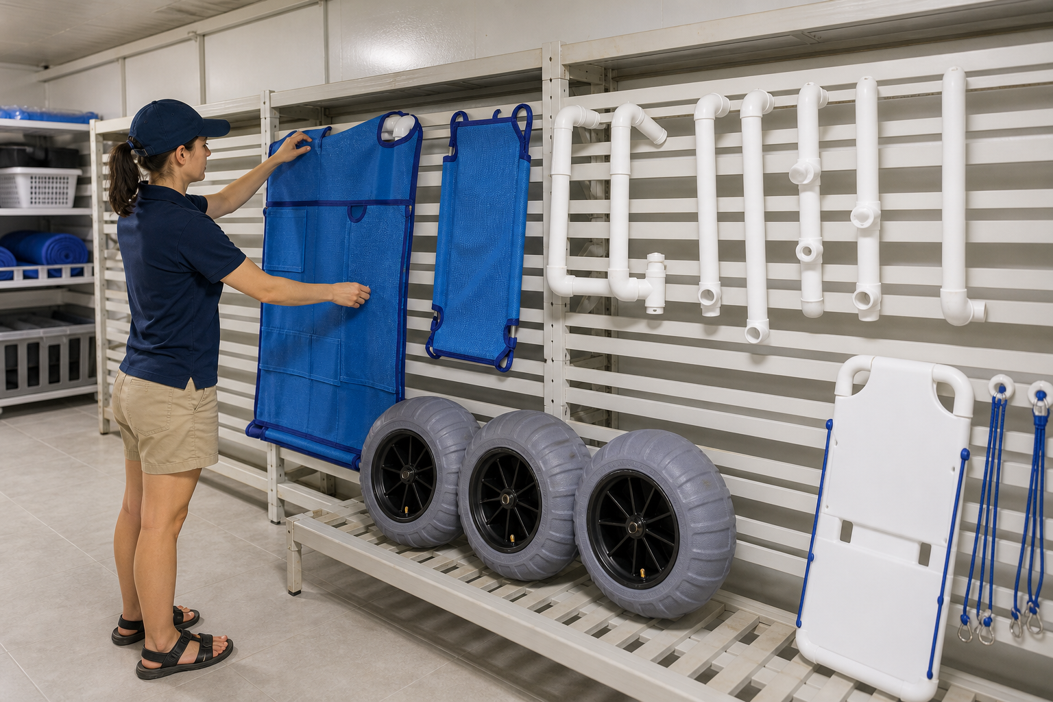 PVC beach wheelchair modules drying on ventilated storage racks