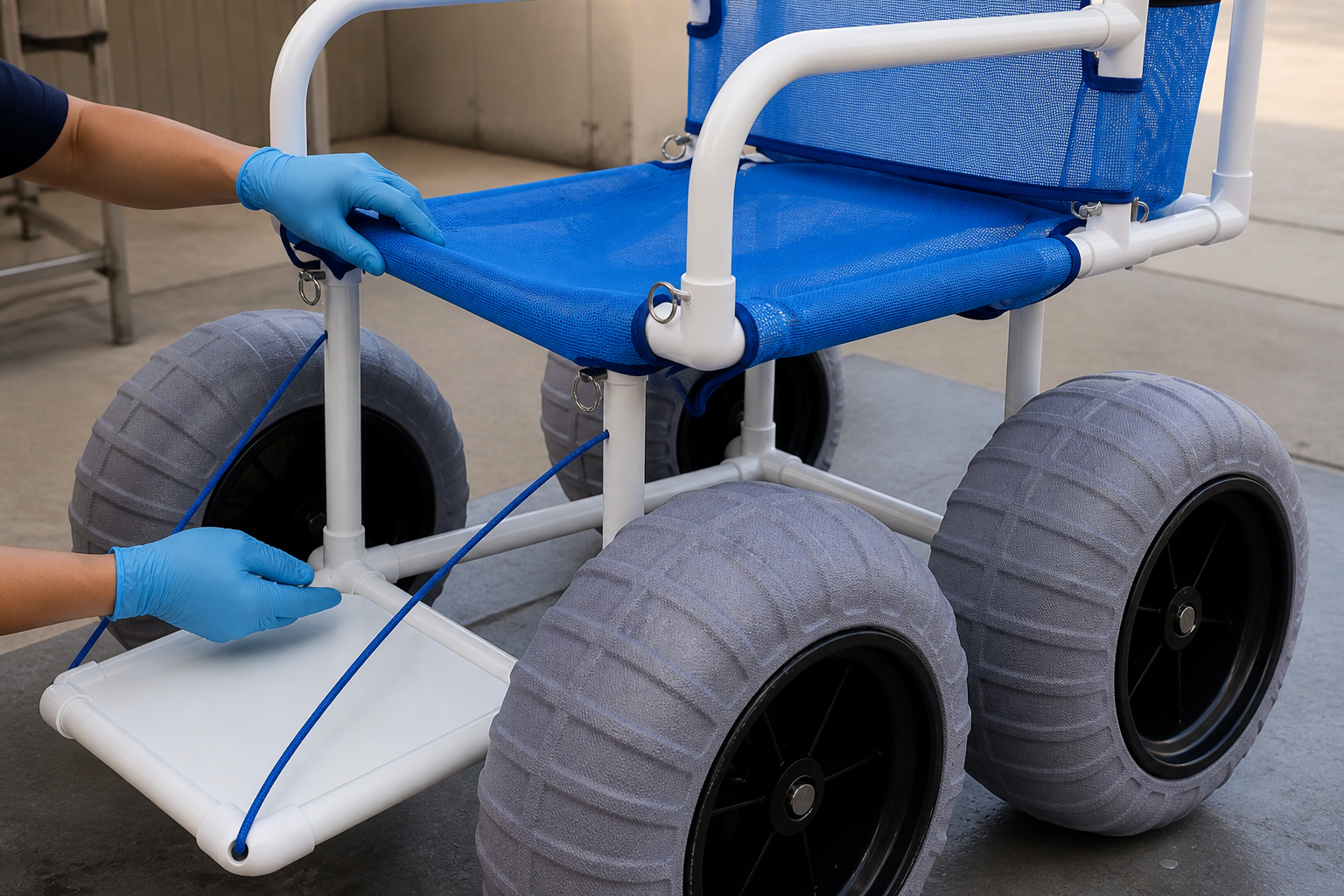 Close inspection of PVC joints, mesh, cords, and balloon wheels