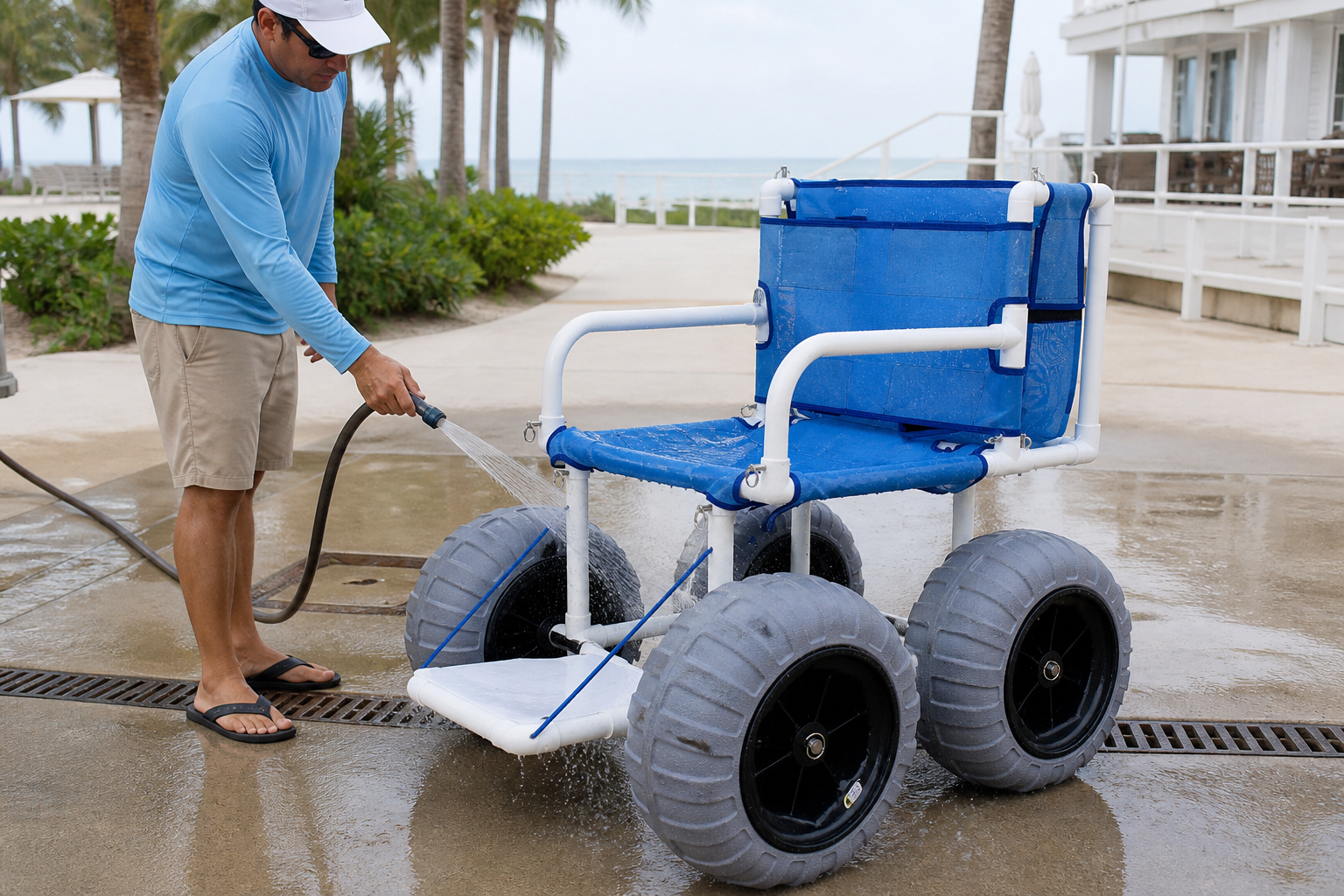 Staff rinsing a PVC beach wheelchair with fresh water after rental use