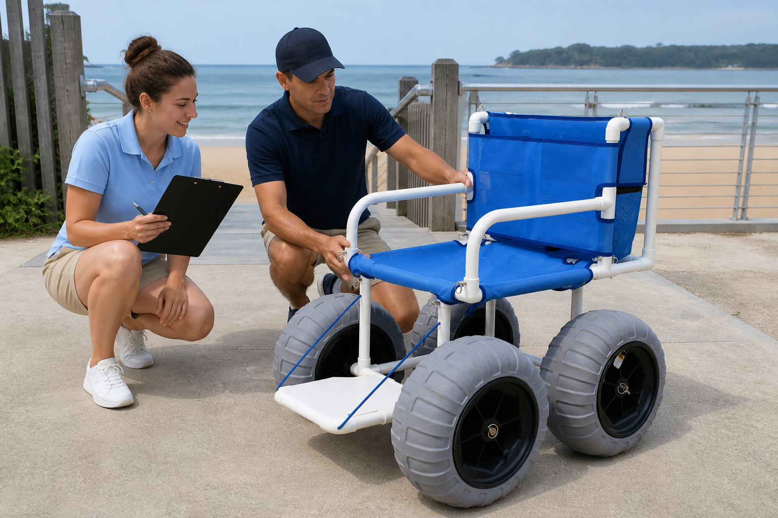 Procurement handing a PVC beach wheelchair to operations