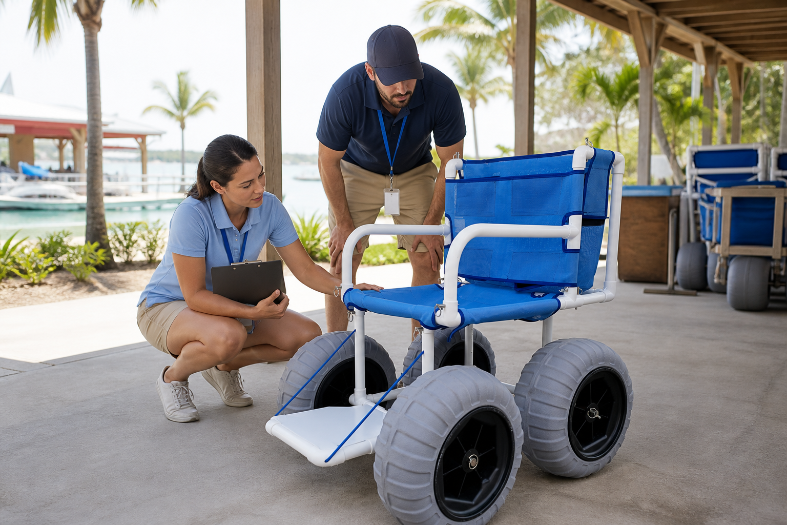 Resort staff checking a PVC beach wheelchair delivery