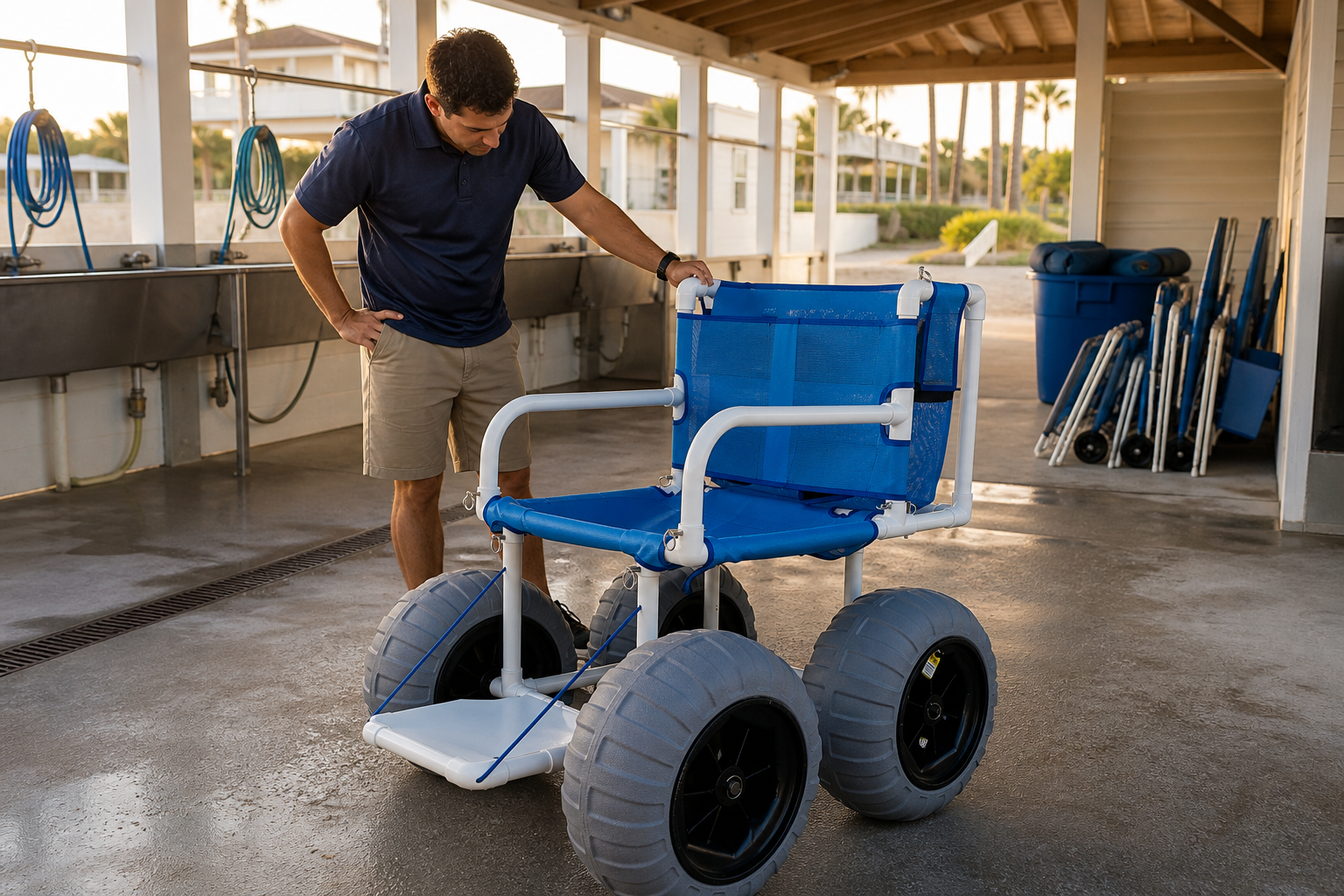 Facilities supervisor reviewing a PVC beach wheelchair after use