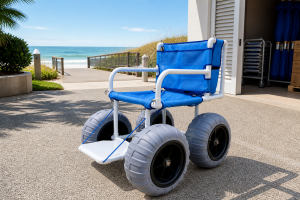 PVC beach wheelchair at a resort receiving area