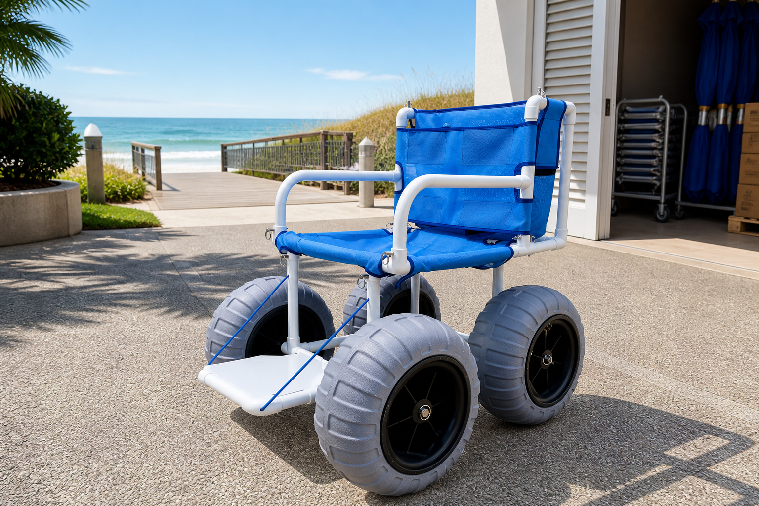 PVC beach wheelchair at a resort receiving area