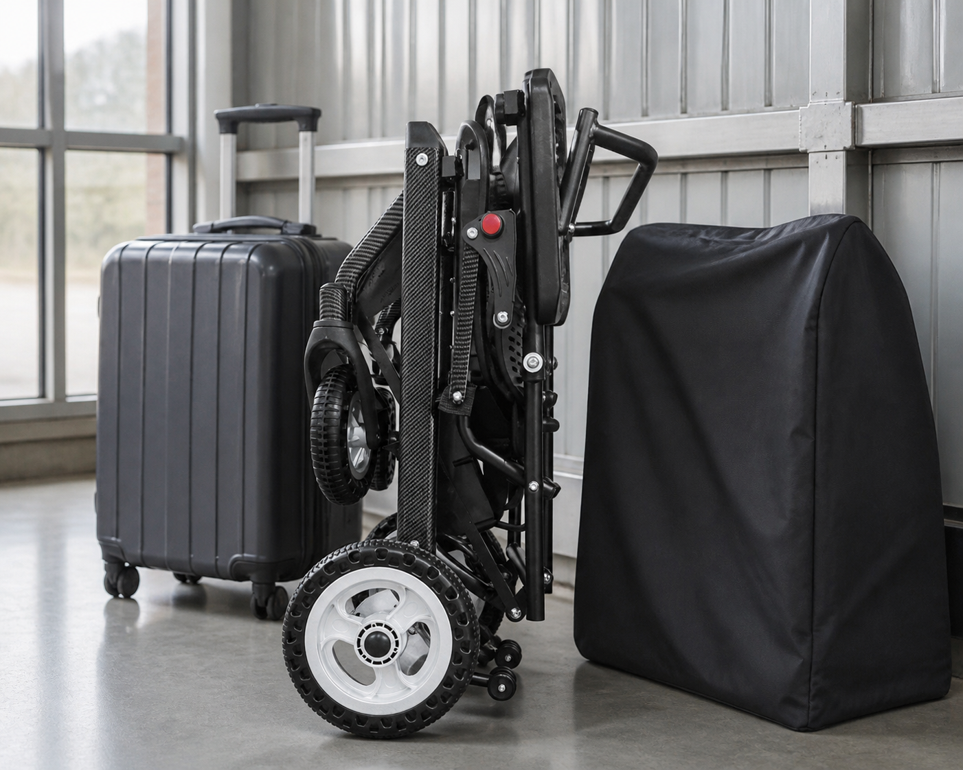 Folded travel electric wheelchair beside luggage and a protective cover