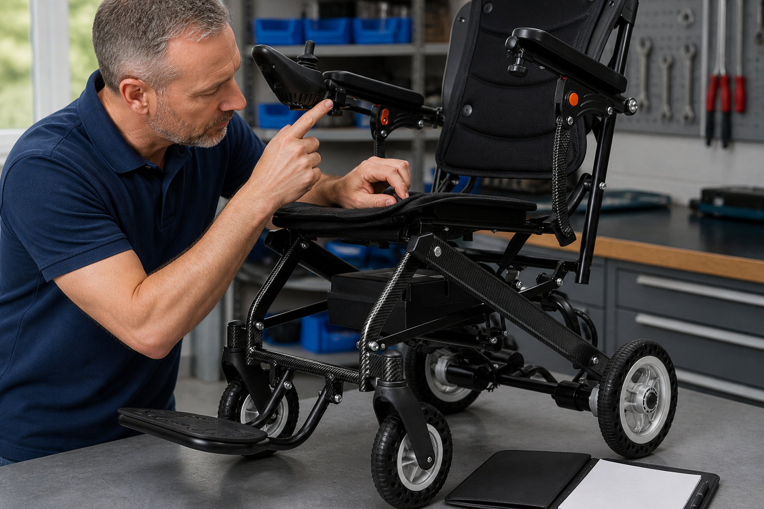 Technician checking a travel electric wheelchair controller and battery housing