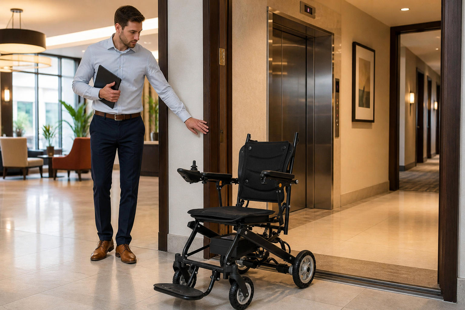 Buyer checking a travel electric wheelchair near a hotel doorway and elevator