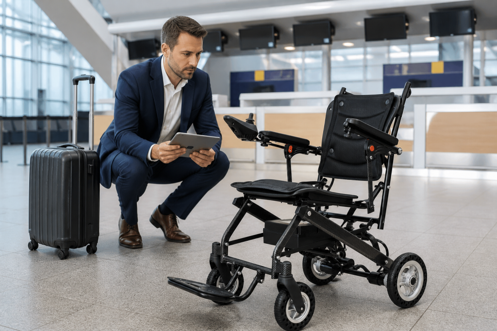 Travel electric wheelchair reviewed beside luggage in an airport terminal